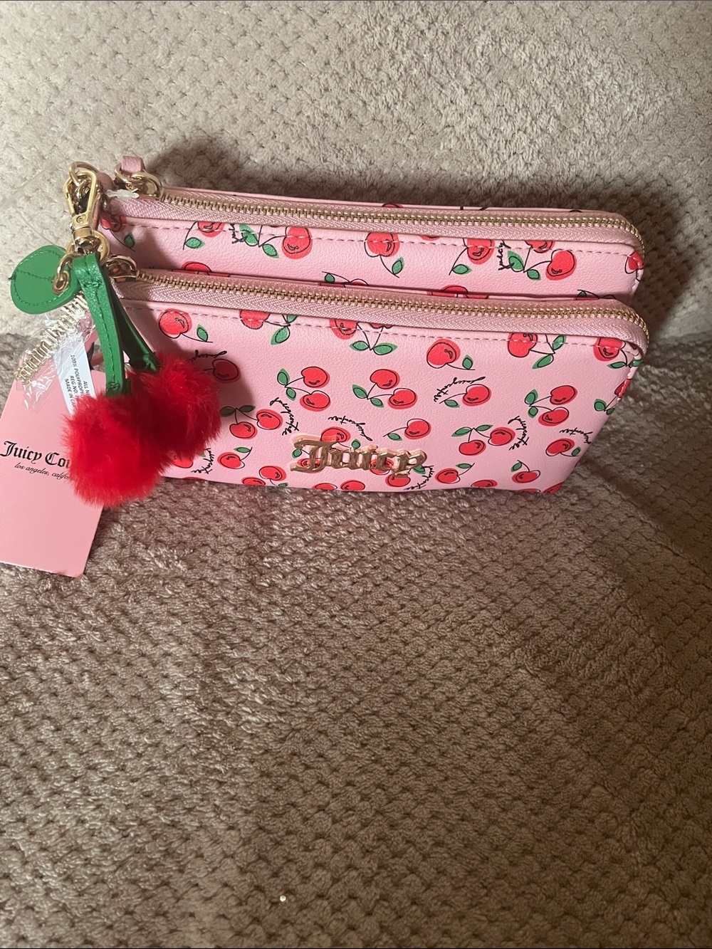 Juicy Couture Pink Cherry Print Double Zip Pouch with Pom Charm New With Tags